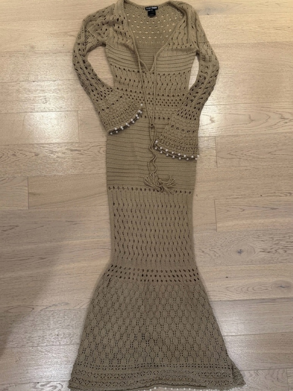 Crochet Mermaid Maxi Dress Cover Up Beige Tan Resort Vacation S - Picture 2 of 5